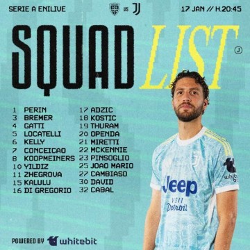 jiuyou.com-尤文客战卡利亚里大名单：洛卡特利领衔，米利克继续伤缺